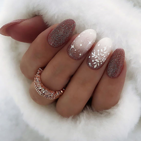 Picture of Christmas Press on Nails Oval Short Fake Nails White Light Red Gradient False Nails With Snowflake Star Designs Glitter Full Cover Stick on Nails Acrylic Winter Xmas Artificial Nails for Women 24Pcs
