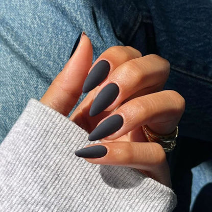 Picture of Black Press on Nails Medium Stiletto Almond,KQueenest Matte Pure Color Acrylic Nails Kit Reusable Fake Nails with Feature Protective UV Coating for Women Nail Art Manicure in 24PCS