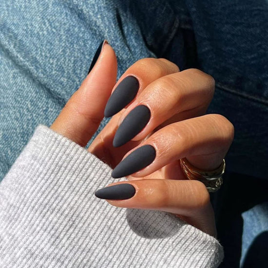 Picture of Black Press on Nails Medium Stiletto Almond,KQueenest Matte Pure Color Acrylic Nails Kit Reusable Fake Nails with Feature Protective UV Coating for Women Nail Art Manicure in 24PCS