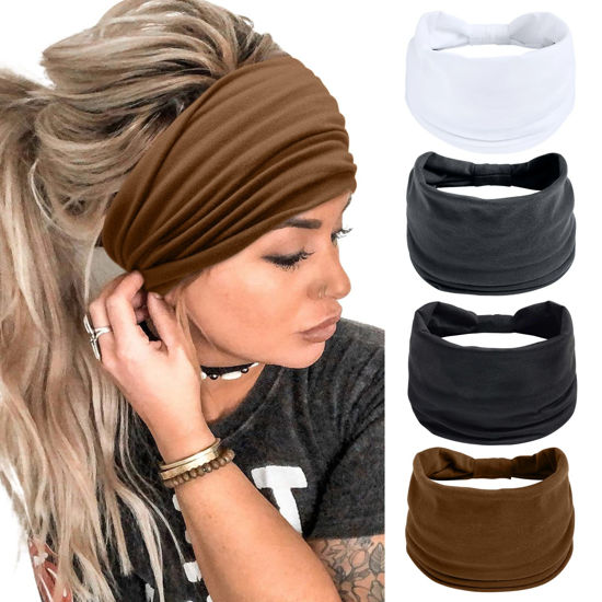 Picture of Wide Headbands for Women Black Stylish Head Wraps Boho Thick Hairbands Large African Sport Yoga Turban Headband Hair Accessories (Pack of 4)