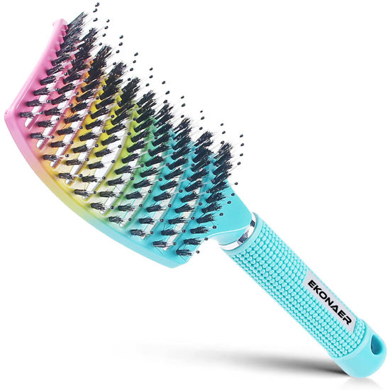 Picture of EKONAER Detangling Brush Boar Bristles Hair Brush for Adult & Kids Wet or Dry Hair,Curved and Vented Detangler Brush - Adds Shine and Makes Hair Smooth(Green)