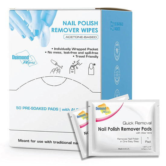 Picture of Diamond Wipes Nail Polish Remover Wipes with Aloe Vera, Acetone Nail Polish Remover Pads, 50 Individually Wrapped Nail Polish Wipes