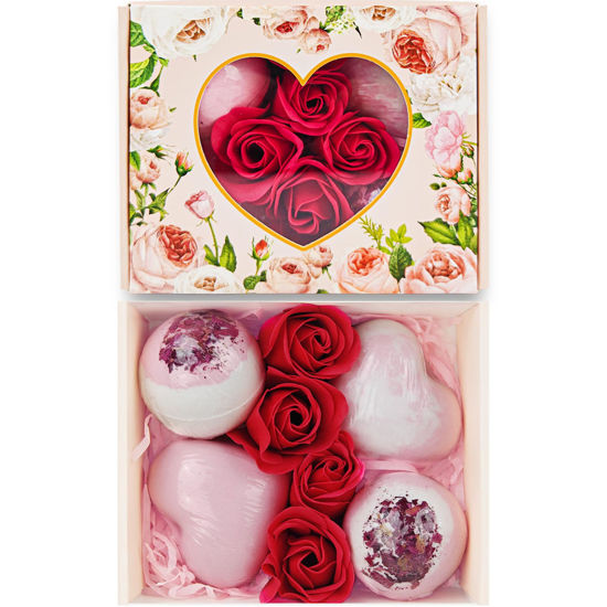 Picture of Valentines Bath Bombs Shower Steamers: Handmade Natural Organic Bath Balls with Surprise for Women Gift Set - Relaxing Bubble Bathbombs Scented Rose Hearts Flower Romantic Birthday for Girls Kids Mom