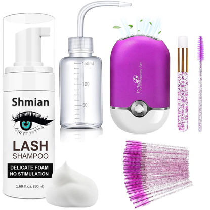 Picture of Shmian Lash Shampoo for Lash Extensions, Lash Fan 50ml Eyelash Foam cleanser with 50 Pcs Eyelash Brush and Rinse Bottle Oil Free/Sulfate Free Eyelash Wash Remover, Purple