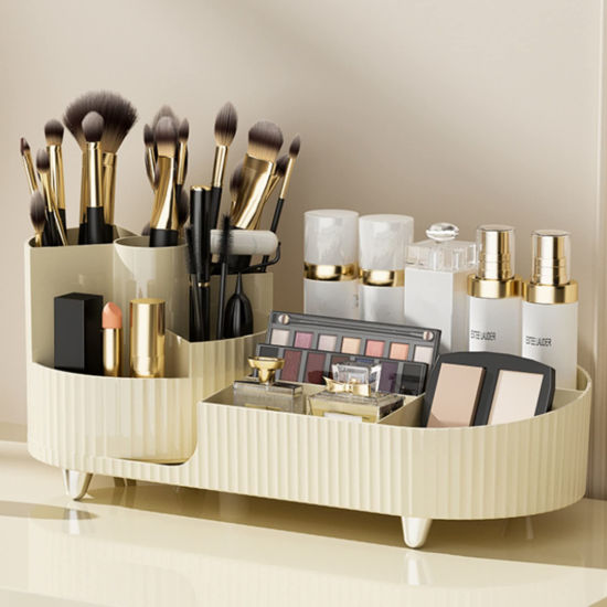 Picture of Rotating makeup organizer,Large Capacity Cosmetic Display Case, easy to hold all of your makeup products, at least 20 makeup brushes/eyeliner,10 lipsticks,8 skincare products(Ivory)