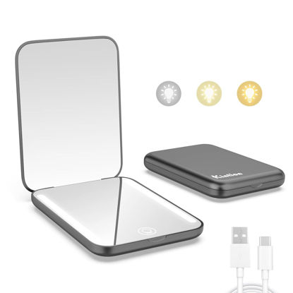 Picture of Kintion Rechargeable Pocket Mirror, Double Sided 1X/3X Magnification Compact Vanity Mirror, 3 Color Lights, Dimmable, Small Portable Wallet Mirror, Lighted Travel Mirror for Women Gifts, Black