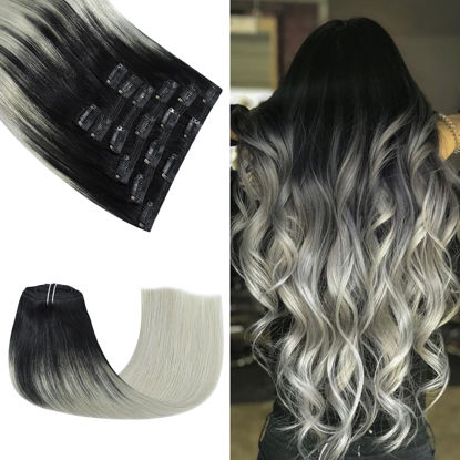Picture of Honsoo Clip In Human Hair Extensions 20in 120g 7pcs Natural Black To Sliver Gray, Seamless Remy Human Hair Clip Ins For Women