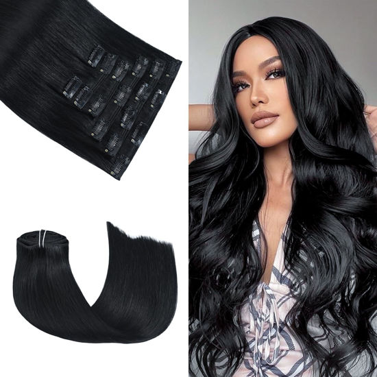 Picture of Honsoo Jet Black Hair Extensions 100g 12in 7Pcs Thick Real Human Hair Extensions For Black Women One Pack For Full Head No Tangles Clip In Hair Extensions