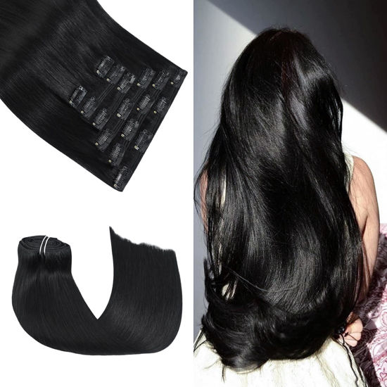 Picture of Honsoo Black Hair Extensions Clip in Remy Human Hair 12in 100g Natural Black Silky Straight Human Hair Clip in Hair Extensions No Shedding For Thick Hair