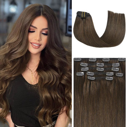 Picture of Honsoo Seamless Medium Brown Clip In Hair Extensions Real Human Hair 18in 85g 7pcs Vrigin 9a Natural Brown Hair Extensions For Women