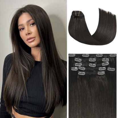 Picture of Honsoo Brown Hair Extensions Clip In Human Hair Dark Brown Clip in Hair Extensions Real Human Hair 85g 18in 7pcs Straight Soft Natural Brown Hair No Shedding
