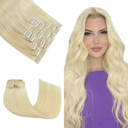 Picture of Honsoo Clip in Hair Extensions Real Human Hair Platinum Blonde 120g 7pcs 18Inch Human Hair Extensions No Shedding No Tangling Soft Human Hair Straight Remy Hair Extensions
