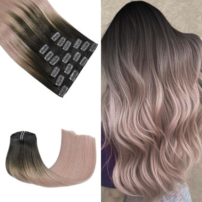Picture of Honsoo Clip In Hair Extensions For Women Soft Natural Handmade Real Human Hair Extensions Dark Brown to Pink Thick Straight 7pcs 120g 14in