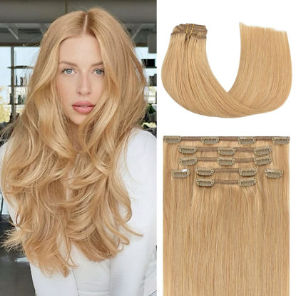 Picture of Honsoo Hair Extensions Real Human Hair Clip Ins Honey Blonde 70g 7pcs 22in Stunning Natural & Soft Remy Human Hair Clip In Hair Extensions Real Human Hair