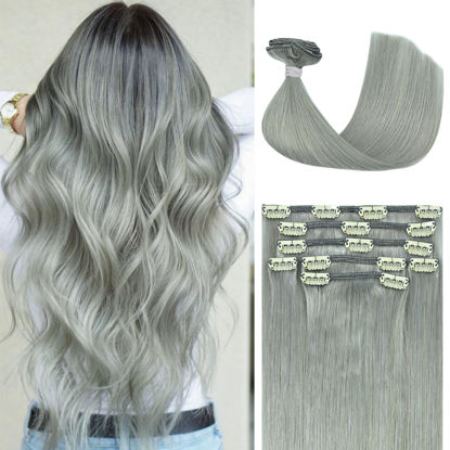 Picture of Honsoo Clip In Hair Extensins Real Human Hair Gray 70g 7pcs 22in Long Straight Human Hair For Thin Hair