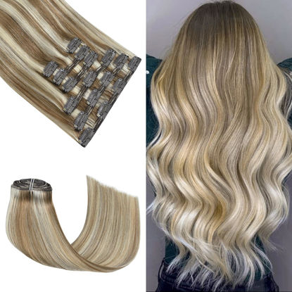 Picture of Honsoo Remy Human Hair Extensions Clip Ins Ash Blonde To Platinum Blonde 100g 12in 7pcs Clip On Hair For Women Highlights Straight Hair Extensions For Full Head