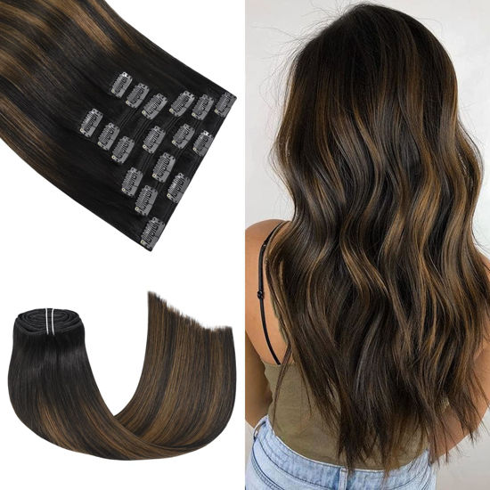 Picture of Honsoo Clip in Hair Extensions Human Hair Dark Brown Mix with Medium Brown 100g 12in Ombre Real Human Hair Extensions