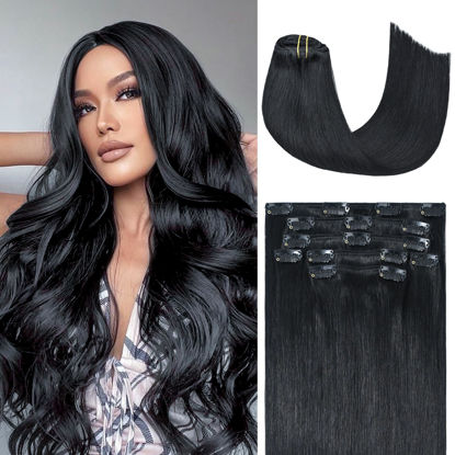 Picture of Honsoo Black Clip In Hair Extensions Real Human Hair Jet Black 70g 7pcs 15in Silky Straight Double Weft No Shedding For Full Head Real Human Hair For Black Women