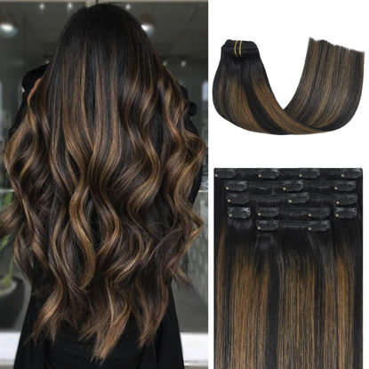 Picture of Honsoo Clip in Hair Extensions Real Human Hair, Real Human Hair Balayage Hair Extensions Natural Black to Chestnut Brown 22inch 70g 7pcs Straight Silky Hair Extensions For Women Natural Hair