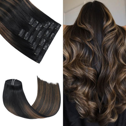 Picture of Honsoo 18in Clip In Hair Extensions Natural Black To Chestnut Brown Real Human Thick 120g 7pcs Hair Extensions Sliky Straight Human Hair Clip Ins