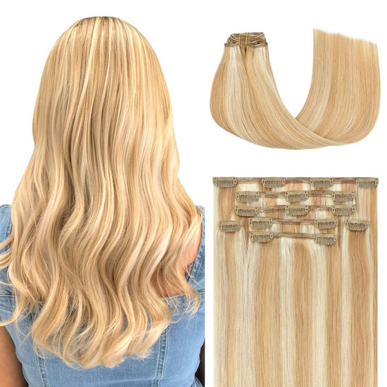 Picture of Honsoo Clip In Hair Extensions Real Human Hair 20in 70g 7pcs Honey Blonde To Bleach Blonde Soft Natural Human Hair For Thin Hair