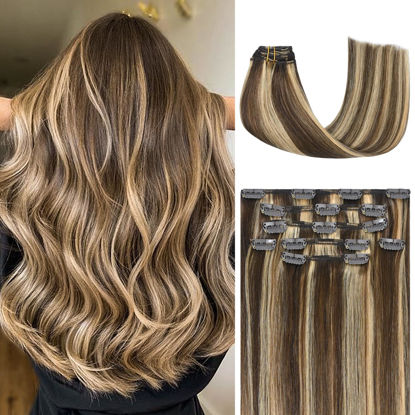 Picture of Honsoo Chocolate Brown To Caramel Blonde Clip In Hair Extensions Real Human Hair 18in Long Soft 70g 7pcs Natural Human Hair Extensions