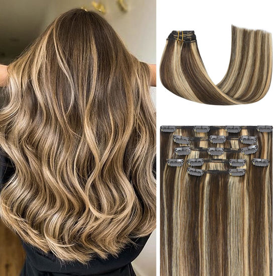 Picture of Honsoo Clip In Extensions Real Human Hair Chocolate Brown To Caramel Blonde 20In Long Soft 70g 7pcs Hair Extensions