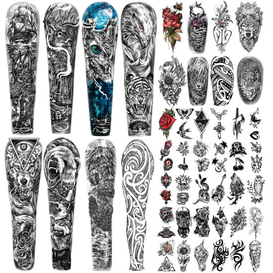 Picture of 46 Sheets Lion Wolf Full Arm Temporary Tattoo for Women or Men Rose Flower Snake Half Arm Temporary Tattoos for Girls Boys Long Lasting Bird Angel Fake Tattoo for Kids