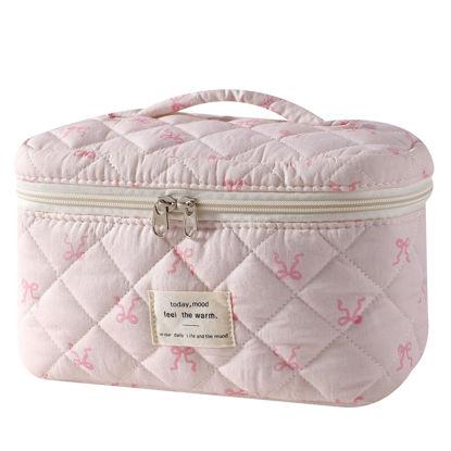 Picture of uekeboag Large Travel Quilted Makeup Bag for Women, Floral Cotton Cosmetic Bag, Coquette Aesthetic Floral Toiletry Organizer Bag(18Small Pink Bow