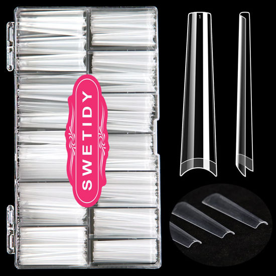 Picture of No C Curve 3XL Long Coffin Nail Tips, 420pcs Clear Acrylic Coffin Shape SWETIDY Flattened Half Cover False Nails for Salon&Home DIY French ABS Nail Art Tips,12 Sizes