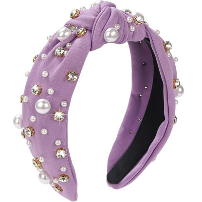 Picture of WantGor Pearl Knotted Headband, Women Rhinestone Embellished Hairband Elegant Wide Top Knot Bride Headbands Headpieces Party Fashion Elegant Ladies Hair Band Hair Hoop Accessories (Purple)