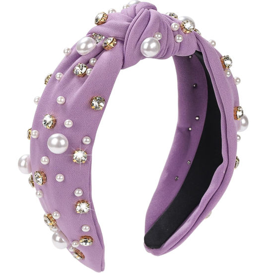 Picture of WantGor Pearl Knotted Headband, Women Rhinestone Embellished Hairband Elegant Wide Top Knot Bride Headbands Headpieces Party Fashion Elegant Ladies Hair Band Hair Hoop Accessories (Purple)