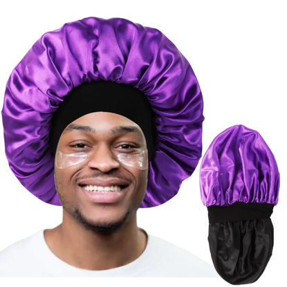 Picture of Bonnet for Men,Hair Bonnet for Sleeping,Double Layer Satin Bonnets for Black Women Curly Hair Braids,Reversible Sleep Cap (Large,Black/Purple)