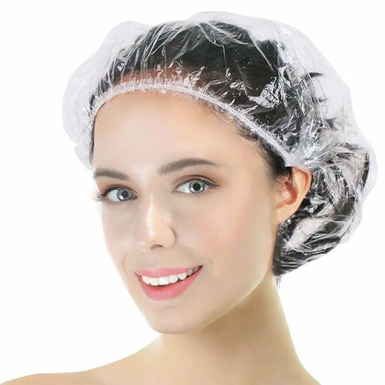 Picture of 100PS Disposable Shower Caps, Plastic Clear Shower Caps, lengthening and thickening Hair Caps for Hair dyeing assistance, Hotel and Hair Salon, Home Use, Portable Travel (Size 20.5"/52cm）