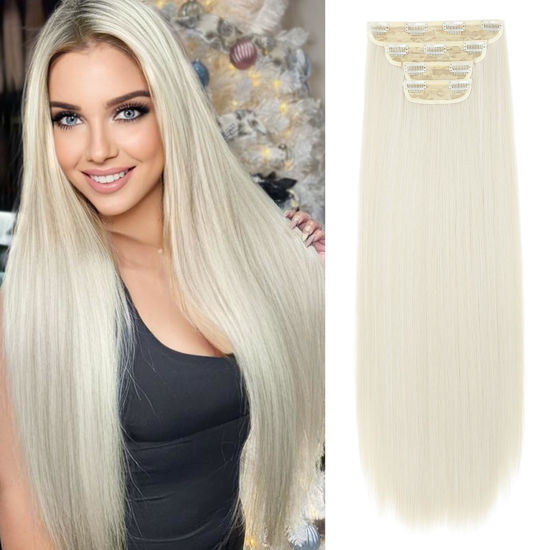 Picture of REECHO 28" Straight Long 4 PCS Set Thick Clip in on Hair Extensions -Platinum Blonde