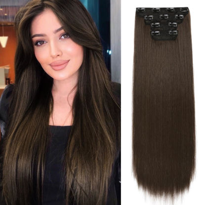 Picture of REECHO 28" Straight Long 4 PCS Set Thick Clip in on Hair Extensions -Chocolate Brown