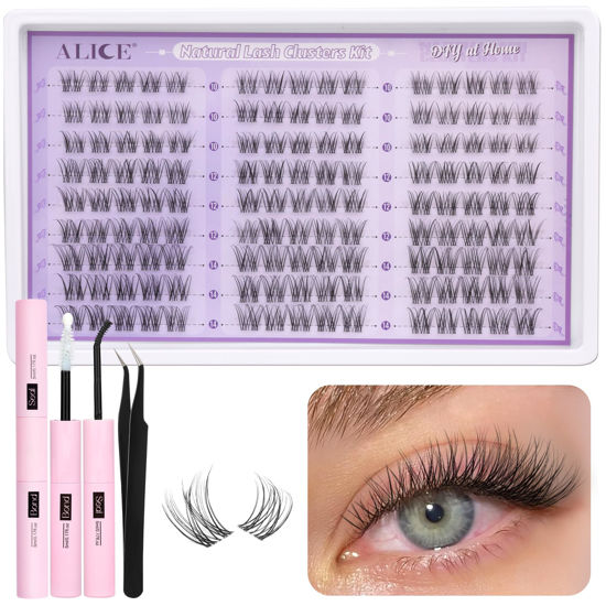 Picture of ALICE Natural Lash Extension Kit Lash Clusters Kit Wispy Cluster Eyelash Extension Kit with 135pcs Clear Band C Curl 10-14mm Eyelash Clusters Lash Glue Bond and Seal