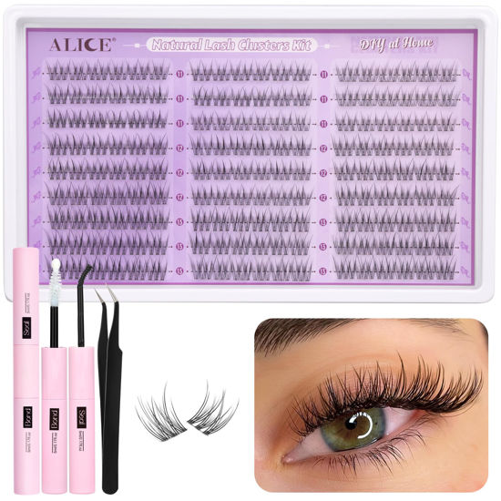 Picture of ALICE Natural Lash Clusters Kit Clear Band Wispy Lash Extension Kit Cluster Eyelash Extension Kit 162pcs C Curl 11-13mm Individual Lashes with Lash Glue Bond and Seal and Tweezers DIY at Home