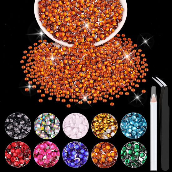 Picture of 5000PCS 2mm Resin Rhinestones in Bulk (Orange), Bedazzling Flatback Crystals for Crafts DIY Nail Decoration, Gems Charms for Tumbler Shoes Clothing Fabric with Pickup Pen and Tweezers