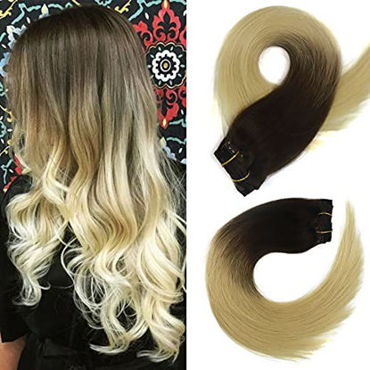 Picture of Clip in Hair Extensions Ombre Blonde 70grams 7pcs Soft Clip on Remy Hair Blonde with Brown Roots Extensions 18Inch Straight Fine Human Hair Extensions for Women