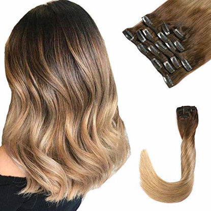 Picture of Ombre Hair Extensions Clip in Human Hair 120g 16inch Short Straight Full Head #2 Dark Brown Fading to #6 Chestnut Brown and Ash Brown Highlighted Clip on Hair Pieces