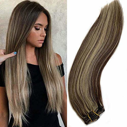 Picture of Hair Extensions Clip in Brown with Blonde Real Human Hair Extensions for Thin Hair 20 Inch Bleach Blonde Highlighted Clip on Hair 70gams 7pcs