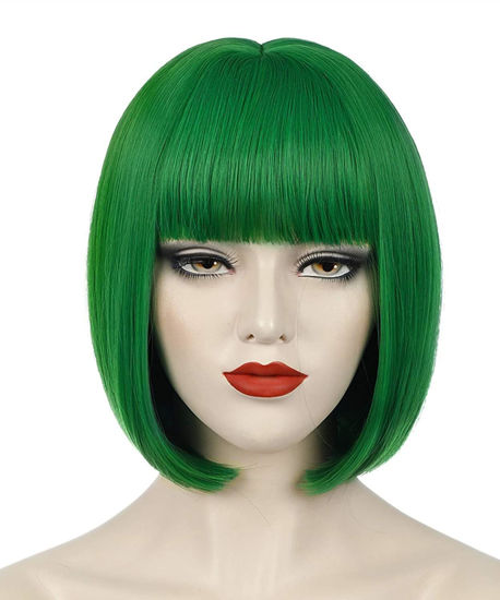 Picture of yumtaro Green Wigs for Women Synthetic Short Bob Wig with Bangs Glueless Apple Wig Shoulder Length Cosplay Bob Wig for Girls Daily Party Use Colorful Wigs