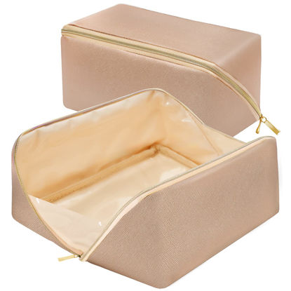 Picture of rlokosfb Portable Makeup Bag Opens Flat for Easy Access,Waterproof Large Cosmetic Bag Toiletry Bag,Travel Accessories Case Organizer Overnight Bag for Cosmetics,Toiletries,Daily Use(Gold, Medium)