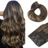Picture of HOTBANANA Clip in Hair Extensions 16 inch 130g 7pcs Ombre Natural Black Mixed Chestnut Brown Clip in Remy Human Hair Extensions Straight Hair Invisi Edge Clip Hair Full Head