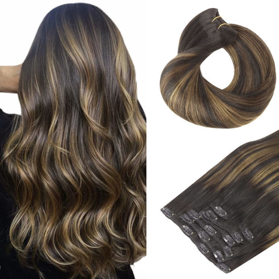 Picture of HOTBANANA Clip in Hair Extensions 16 inch 130g 7pcs Ombre Natural Black Mixed Chestnut Brown Clip in Remy Human Hair Extensions Straight Hair Invisi Edge Clip Hair Full Head