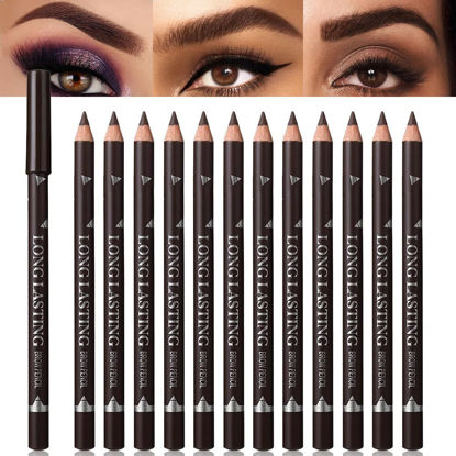 Picture of 12Pcs eyebrow pencil dark brown, wooden hard-core eyebrow pencils,eye brow pencils women, eyebrow and eyeliner pencils, waterproof and sweat-proof, beginner makeup eyebrow pencil, dark brown