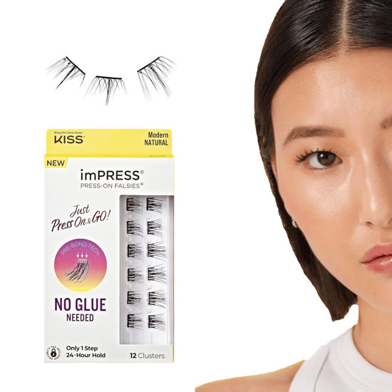 Picture of KISS imPRESS False Eyelashes, Lash Clusters, Falsies, Modern Natural', 12mm-14mm, Includes 12 pieces of pre-bonded lashes, Contact Lens Friendly, Easy to Apply, Reusable Strip Lashes