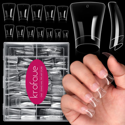 Picture of krofaue Duck Nail Tips - 240pcs Clear Nail Tips Soft Gel Nails Curved Nail Tips 12 Sizes Crystal Duck Feet Style Nail Tips Half Cover False Nails Wide French Nails with Box Extra Nail for Nail Salon