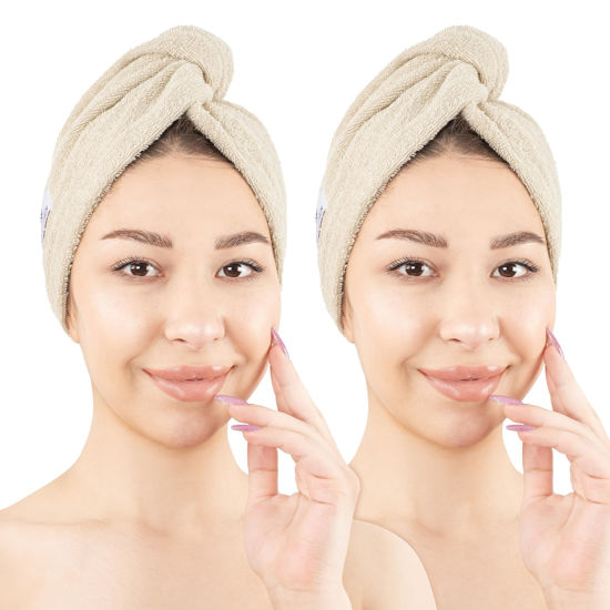 Picture of American Soft Linen 100% Cotton Hair Towels for Women, Head Towel Cap, Cotton Hair Turban Towel Wrap for Long Curly Anti Frizz Hair, Soft and Absorbent Cotton Hair Towels 2 Pack, Beige